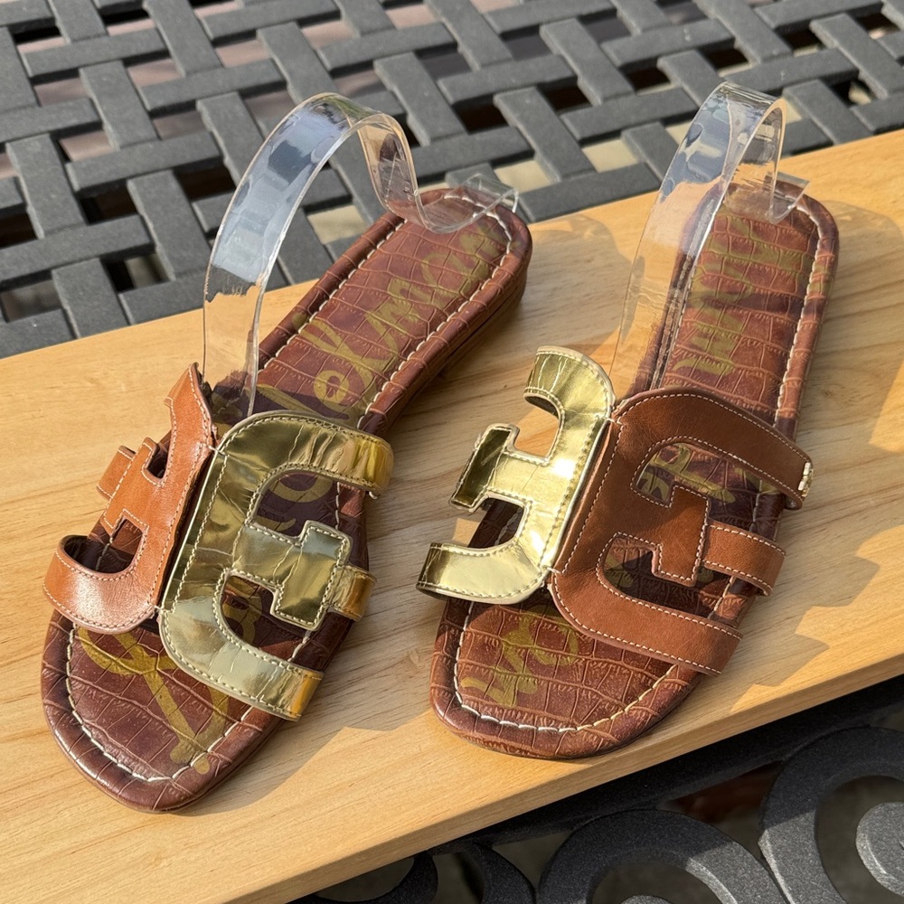 Sam Edelman Gold and Brown Slide Sandals